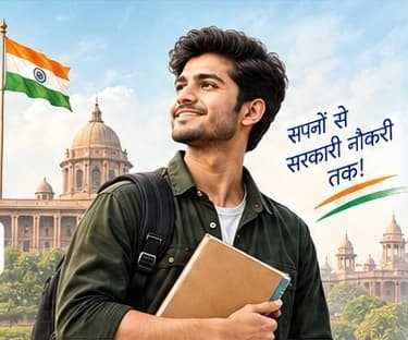 A student holding books, with the Indian flag and government buildings behind him
